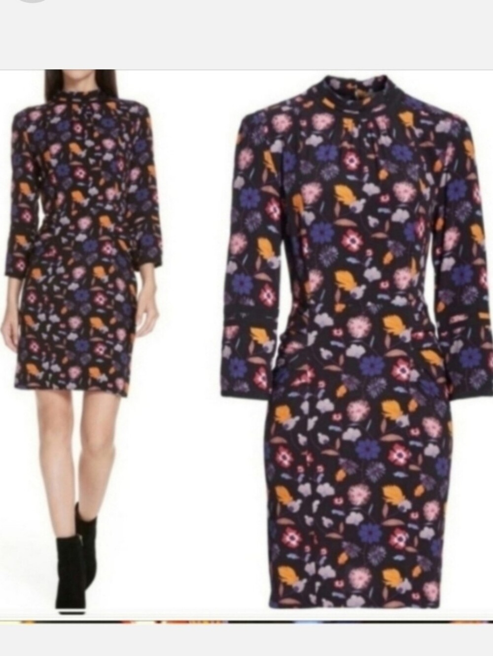 ba&sh Black Mock-Neck Floral Shift Dress Floral Print 3/4 Sleeves Sexy Fitted
